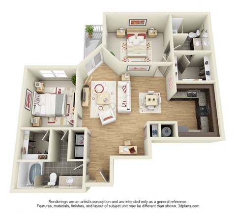 Floor plan for 2 beds, 2 baths, 1306 sqft